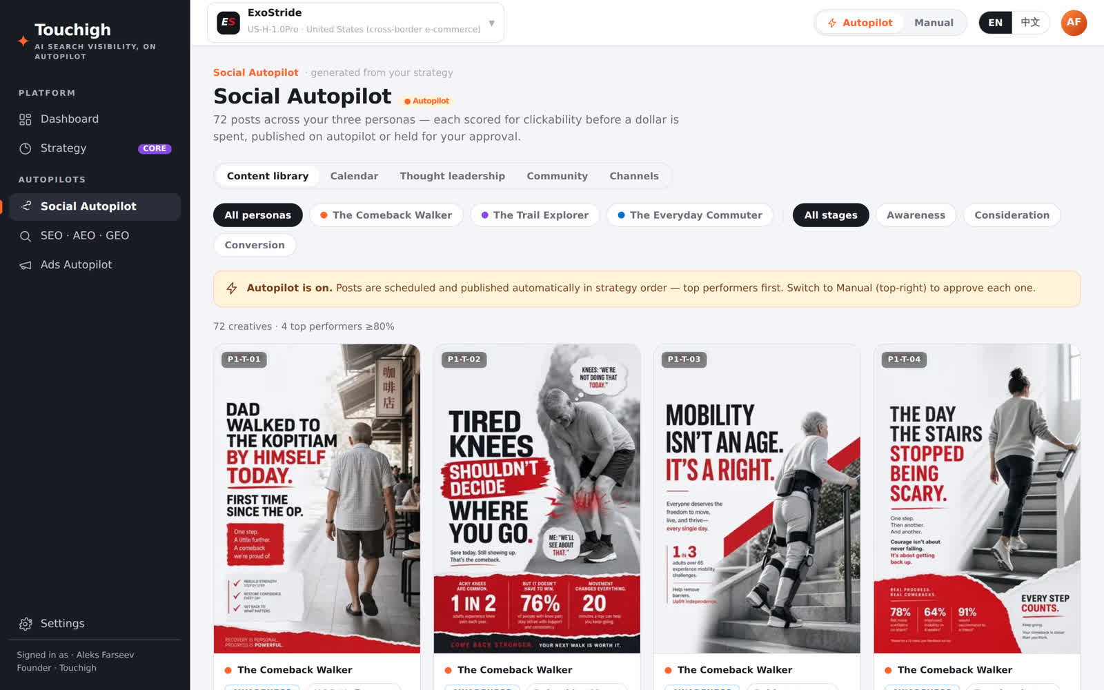 Touchigh Social Autopilot content library: native US-English ad creatives generated for the store, each tagged with a predicted-performance score and grouped by persona.